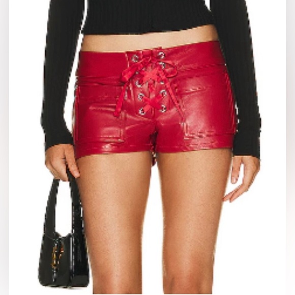 EB Denim Red Leather Micro Lace Up Shorts NWT - Picture 1 of 7
